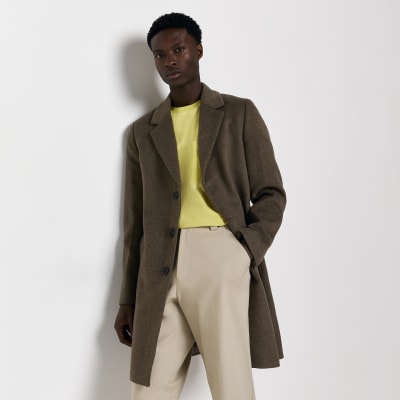 Brown twill button through overcoat | River Island