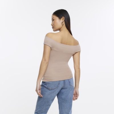 Brown twist front bardot top