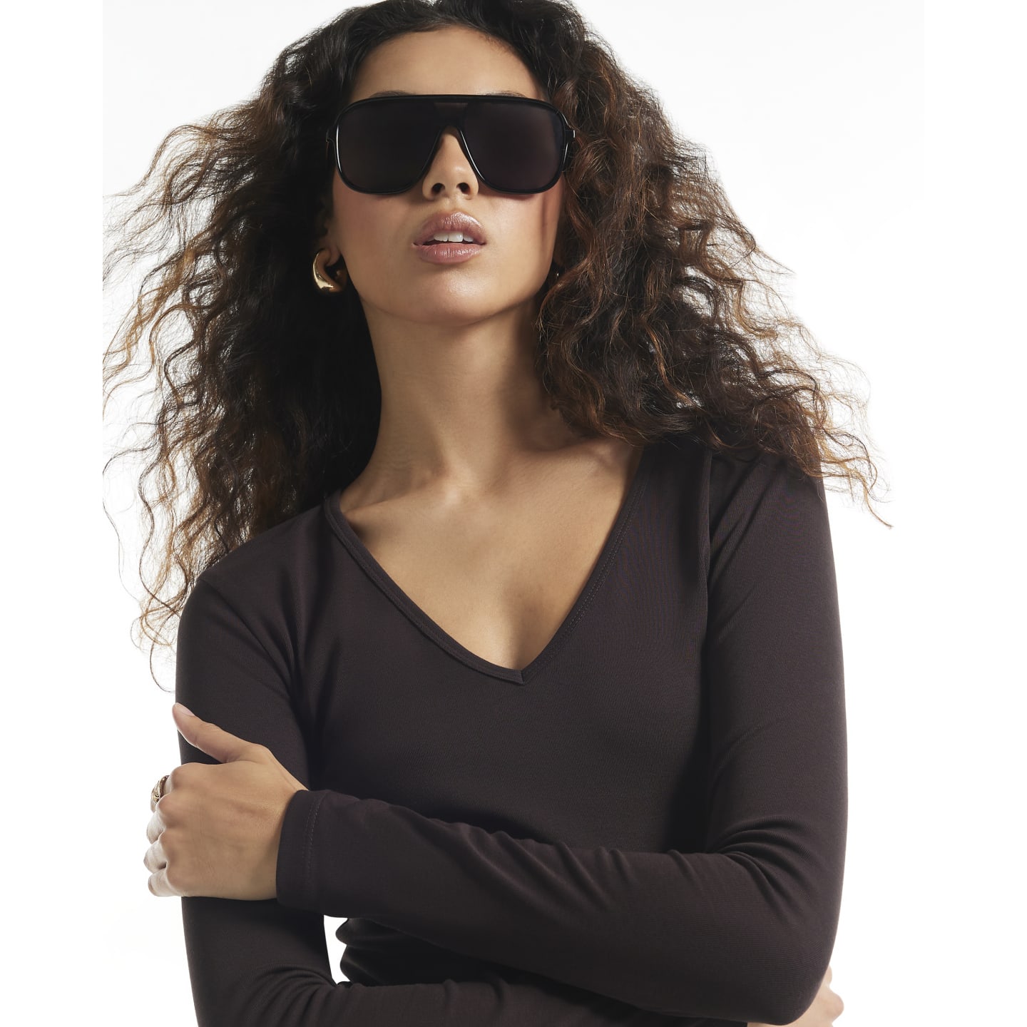 River Island Brown V Neck Cotton Blend Long Sleeve Top — photo 1 of 1