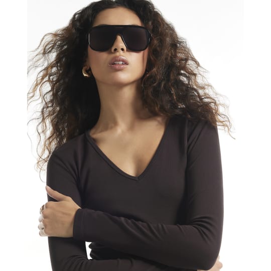 River Island Brown V Neck Cotton Blend Long Sleeve Top