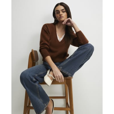 Brown V Neck Lace Trim Jumper
