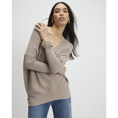 Brown V Neck Ribbed Jumper