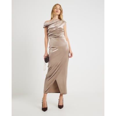 Brown Velvet Drape Midi Dress