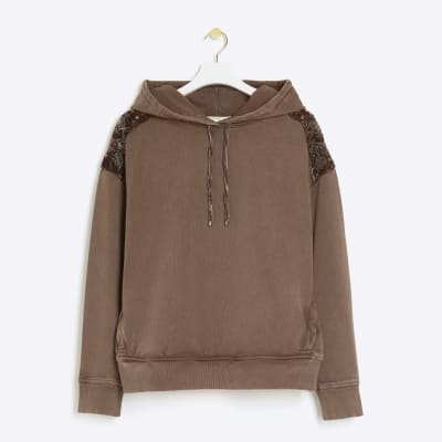 Brown velvet shoulder hoodie River Island