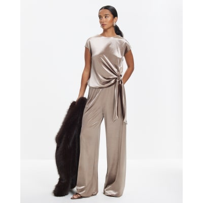 Brown Velvet Wide Leg Joggers