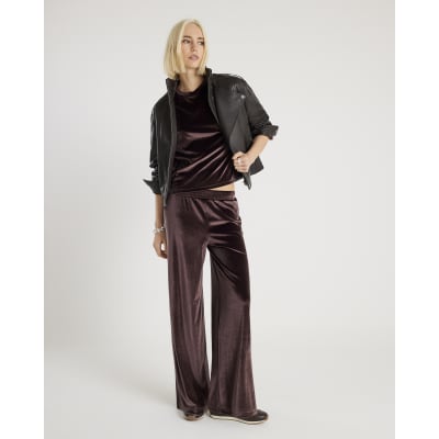 Brown Velvet Wide Leg Joggers