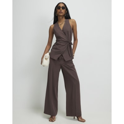 Brown Viscose Stripe Tailored Trousers
