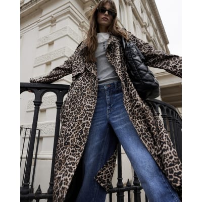 Brown Waterfall Leopard Long Trench Coat