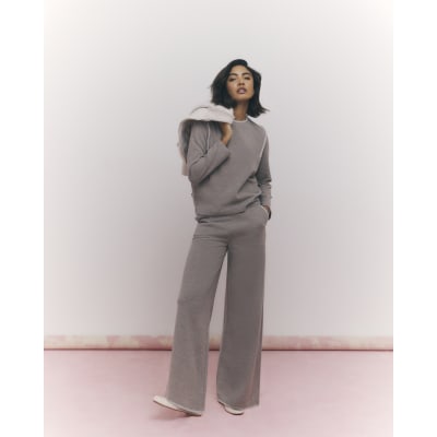 Brown Whipstitch Wide Leg Joggers