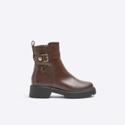 Brown wide fit buckle chunky ankle boots River Island
