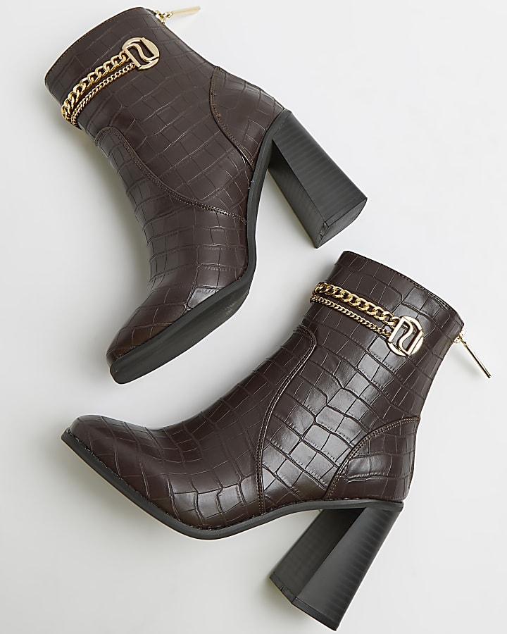 Brown wide fit croc embossed heeled boots