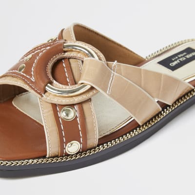 Brown wide fit cross strap sandals