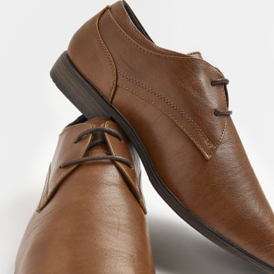 Brown wide fit faux leather derby shoes