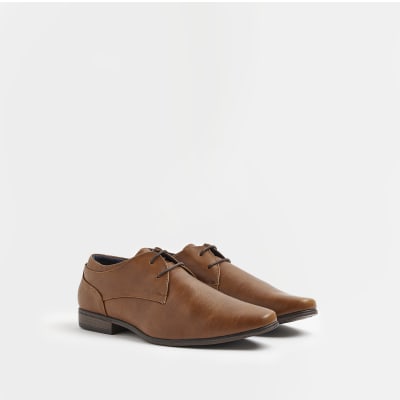 Brown wide fit faux leather derby shoes