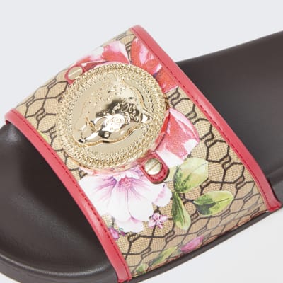 Brown wide fit floral RI monogram sliders
