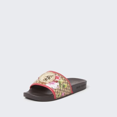 Brown wide fit floral RI monogram sliders