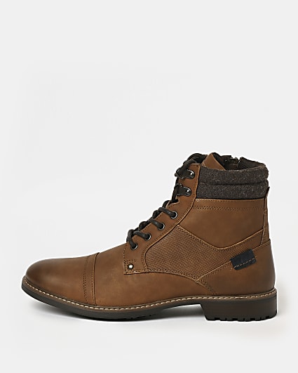 Brown wide fit lace up casual military boots