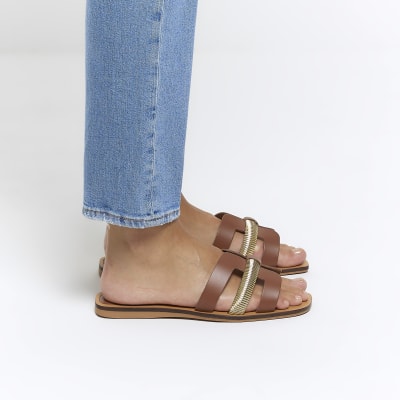 Brown Wide Fit Leather Flat Sandals