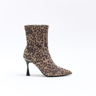 Brown wide fit leopard print heeled boots | River Island