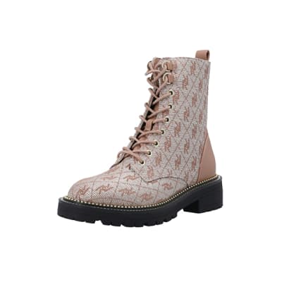 360 degree animation of product Brown wide fit monogram jacquard ankle boots frame-0
