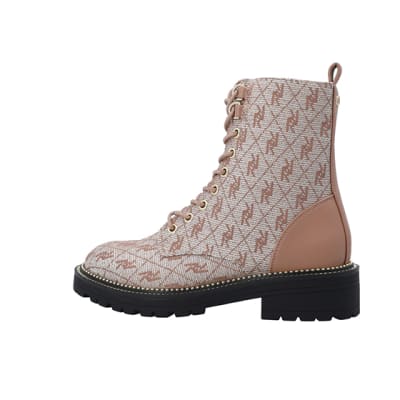 360 degree animation of product Brown wide fit monogram jacquard ankle boots frame-4
