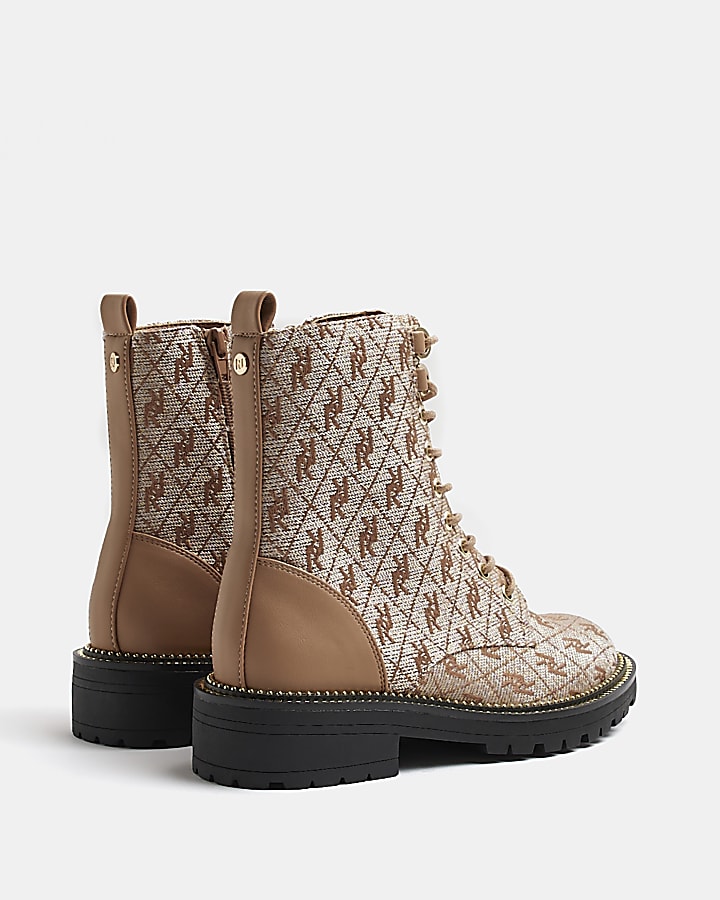 Brown wide fit monogram jacquard ankle boots