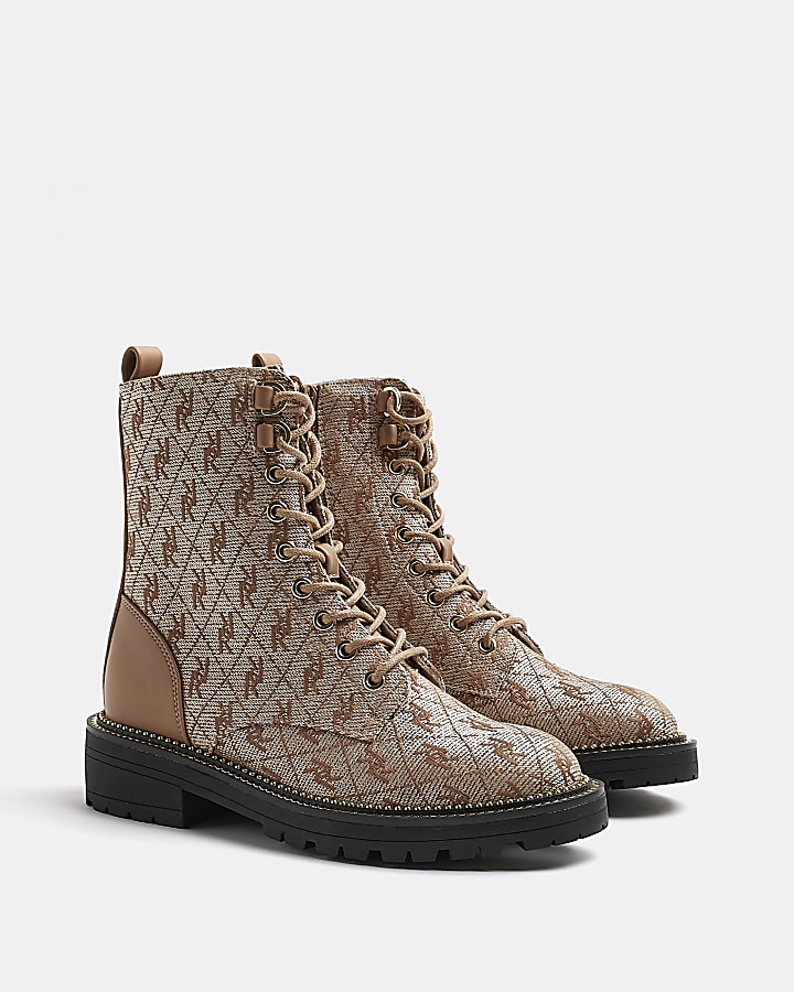 Brown wide fit monogram jacquard ankle boots