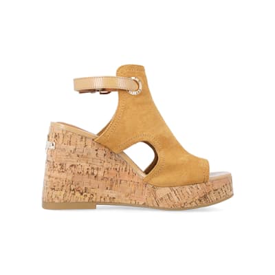 Brown wide fit open toe wedge sandals River Island