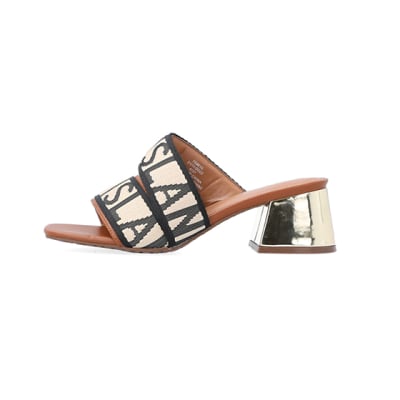 360 degree animation of product Brown wide fit RI monogram heeled sandals frame-3