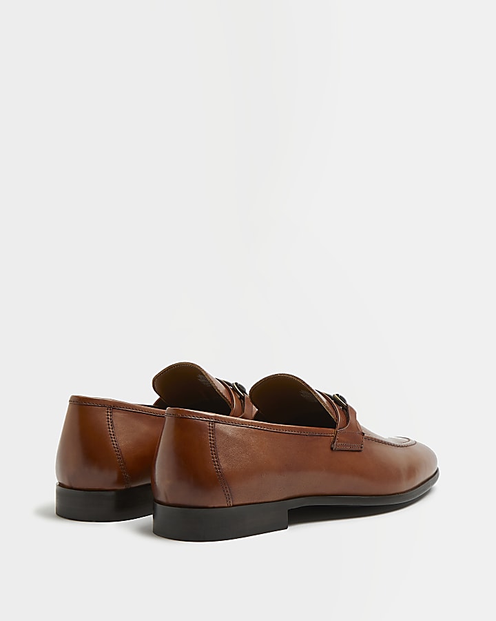 Brown wide fit snaffle detail leather loafers