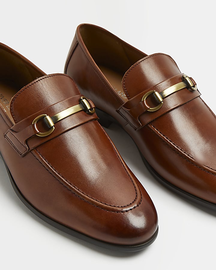 Brown wide fit snaffle detail leather loafers