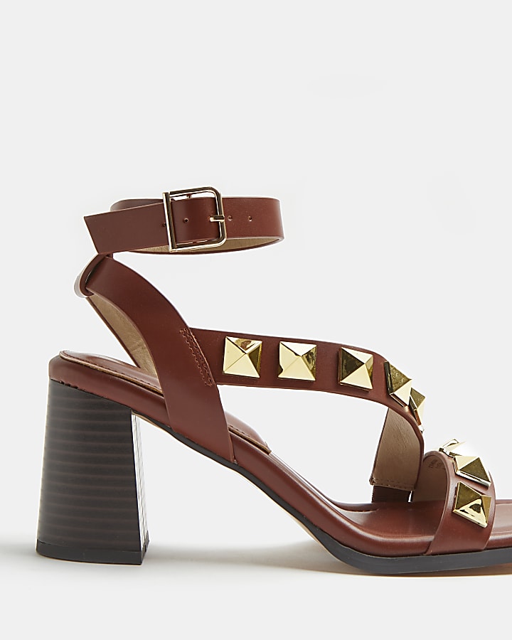 Brown wide fit studded heeled sandals