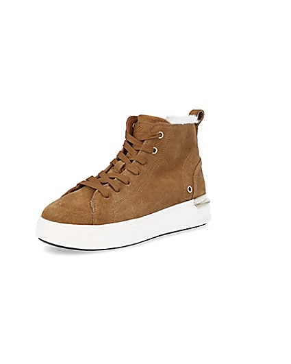 360 degree animation of product Brown wide fit suede high top trainers frame-0