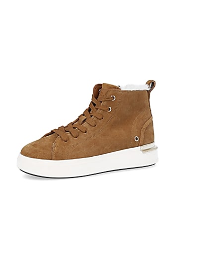 360 degree animation of product Brown wide fit suede high top trainers frame-1