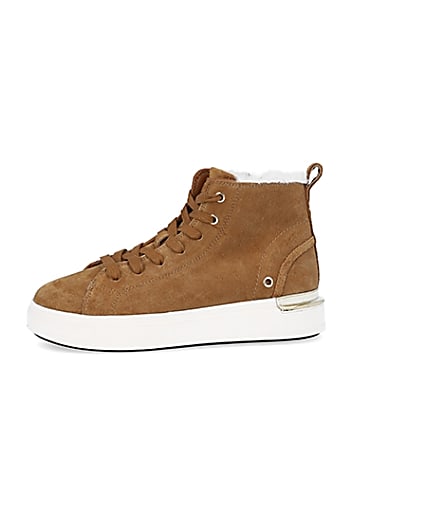 360 degree animation of product Brown wide fit suede high top trainers frame-2