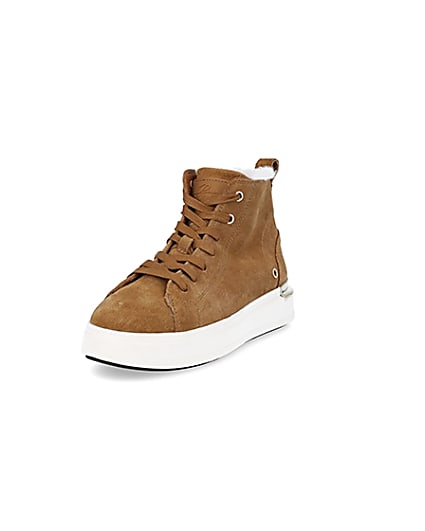 360 degree animation of product Brown wide fit suede high top trainers frame-23
