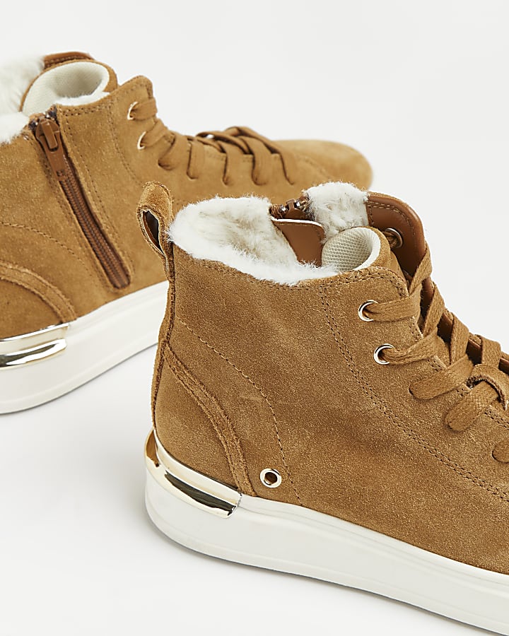 Brown wide fit suede high top trainers