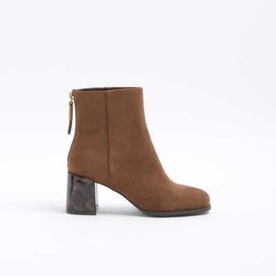 Brown wide fit suedette block heeled boots | River Island