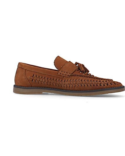 360 degree animation of product Brown wide fit woven tassel detail loafers frame-16