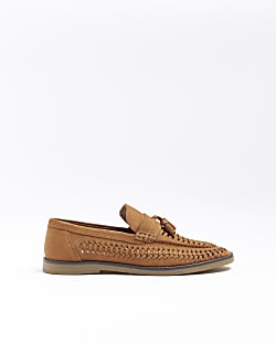Brown wide fit woven tassel detail loafers