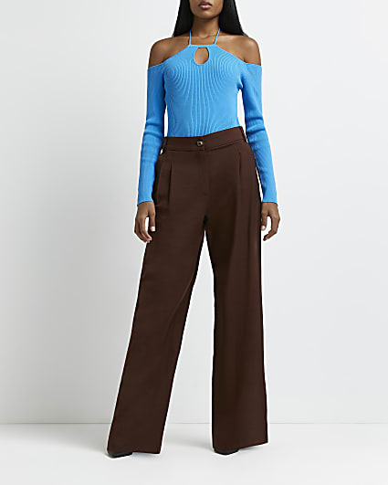 Brown wide leg pleated trousers