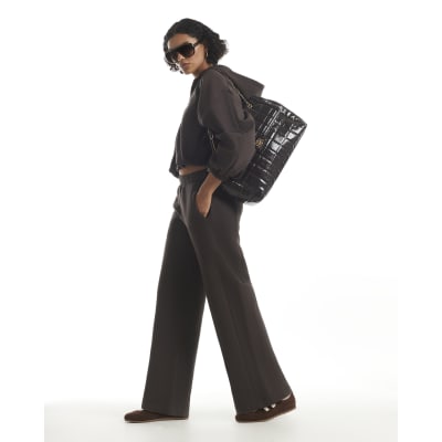 Brown Wide Leg Seamed Joggers