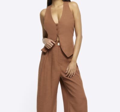 Brown wide leg trousers with linen blend