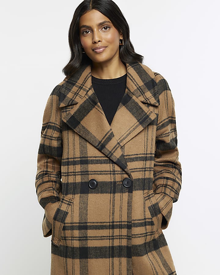 Brown wool blend check longline coat | River Island