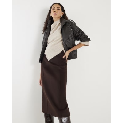 Brown Wool Blend Handmade Pencil Midi Skirt