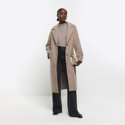 Brown wool blend roll sleeve longline coat | River Island