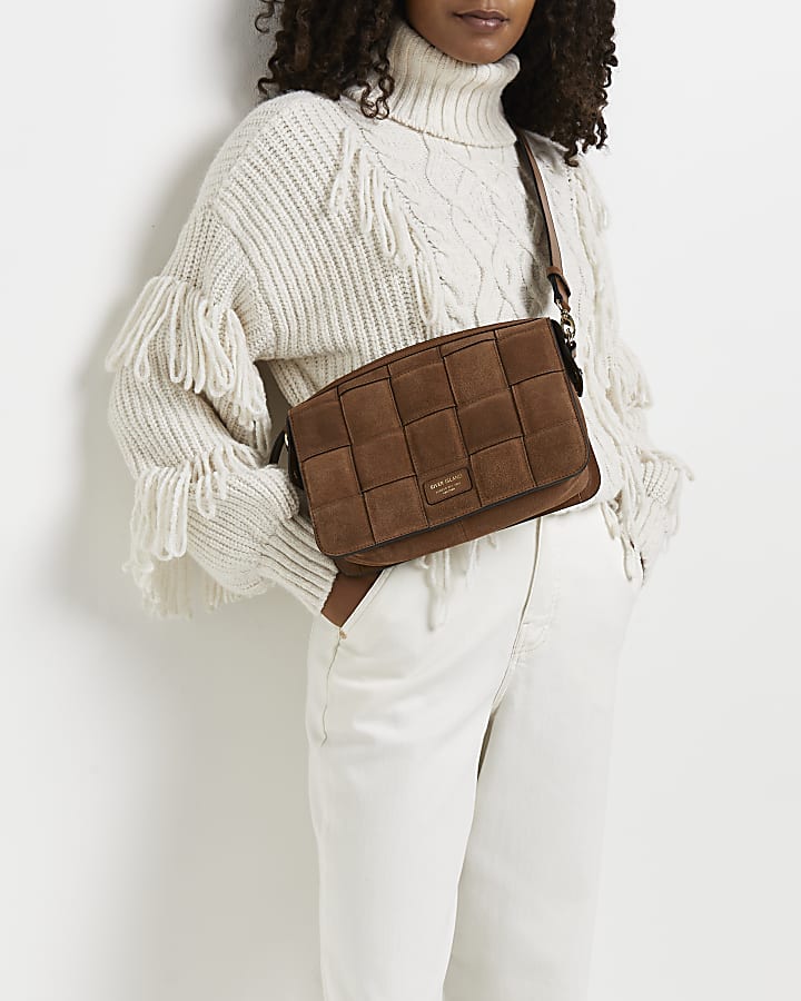 Brown woven leather cross body bag