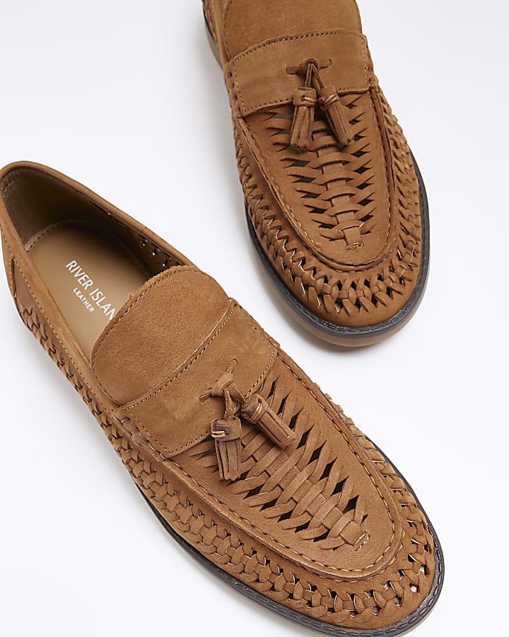 Brown woven tassel detail loafers