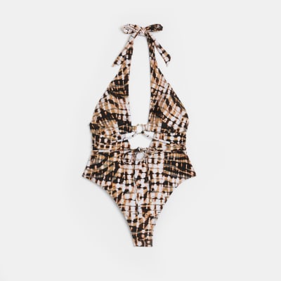 Brown wrapover halter neck swimsuit River Island
