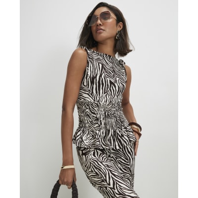 Zebra Print Sleeveless Shirred Top